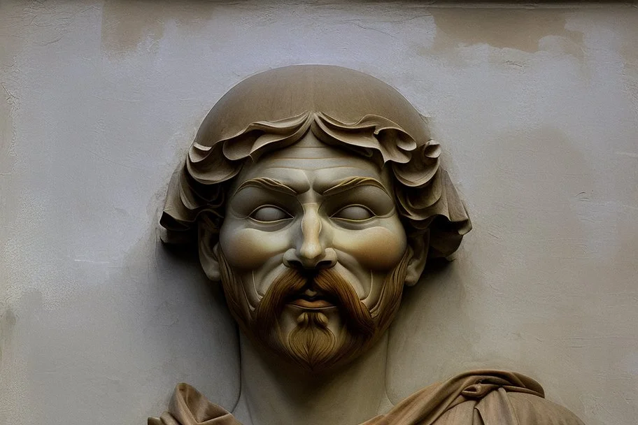 person in anonymous mask stands on the roof by andrea del sarto