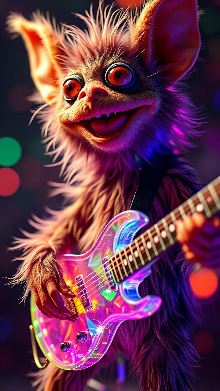 a psychedelic fuzzy muppet show gekko gremlin rock star with space laser transparent prismatic guitar in the style of Escher, bokeh like f/0.8, tilt-shift lens 8k, high detail, smooth render, down-light, unreal engine, prize winning