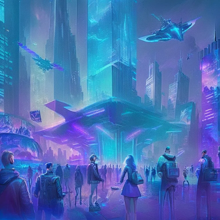 A group of people gather in a futuristic plaza, surrounded by towering skyscrapers and holographic advertisements. The plaza is filled with blue and purple light, and flying vehicles can be seen in the background. Digital art