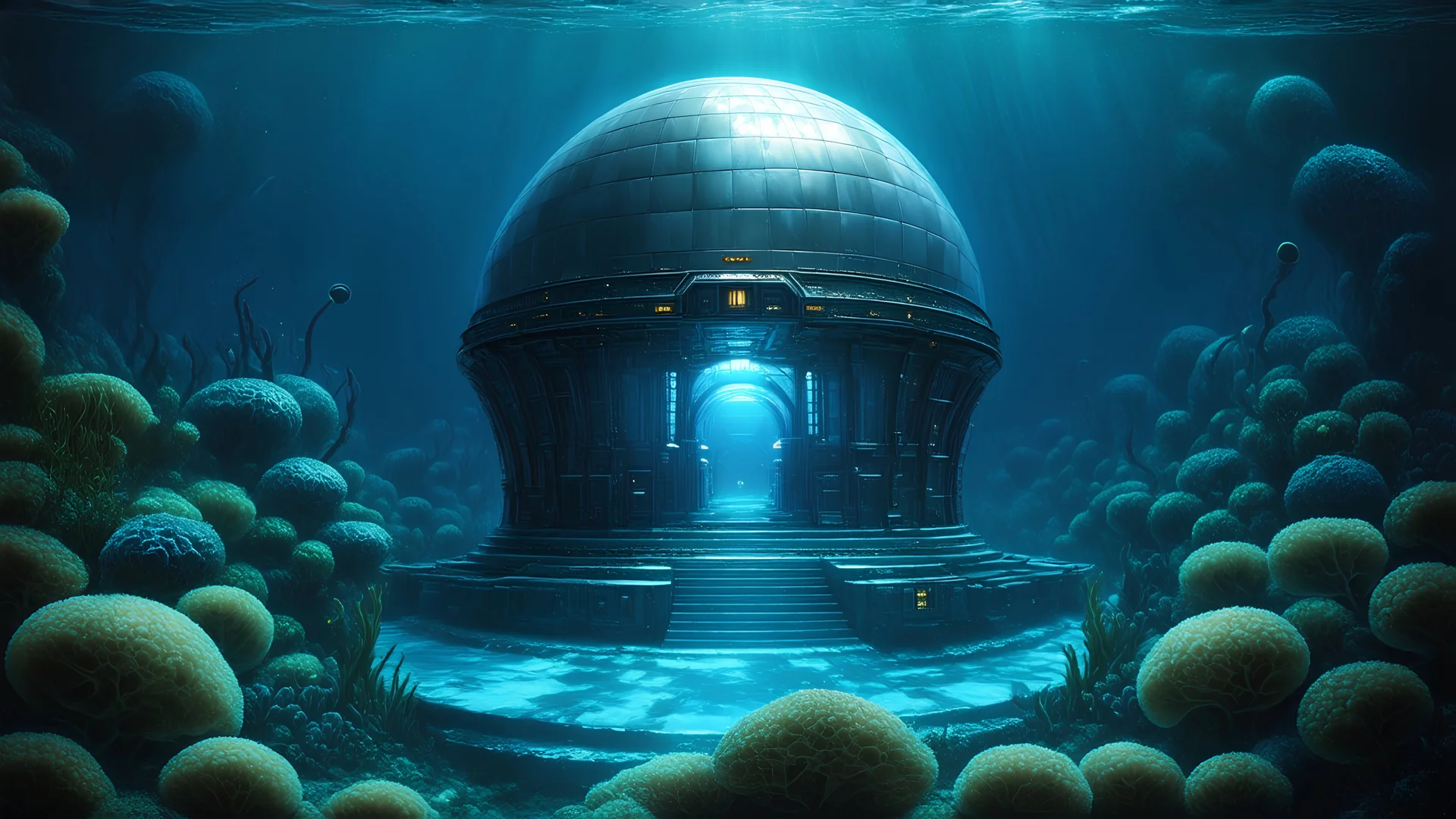 A stunningly realistic and atmospheric concept art of a futuristic deep underwater domed colony. Set in a vast ocean, the colony is surrounded by bioluminescent flora and fauna, creating a surreal and ethereal ambiance. The domed structure itself is intricately detailed, with a blend of organic and metallic elements, reflecting the advanced technology of the civilization. The matte painting creates a cinematic feel, with a focus on the realistic rendering and hyper-realistic details.