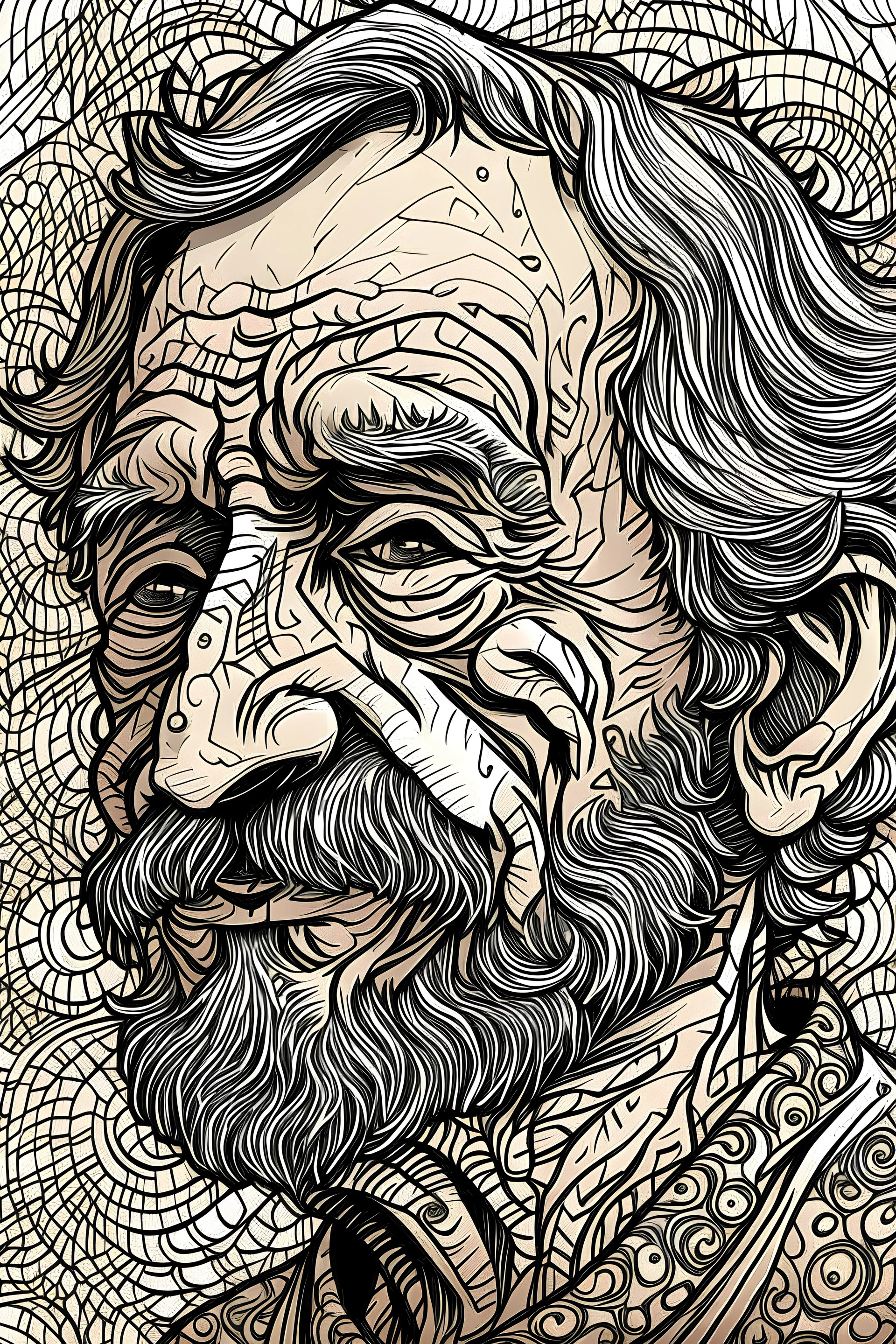 a half of body, pen drawing of a man,65 years old, BLACK eyes,little smile from under forehead, fantasy, detailed, mate colour background ,ebesiyasku