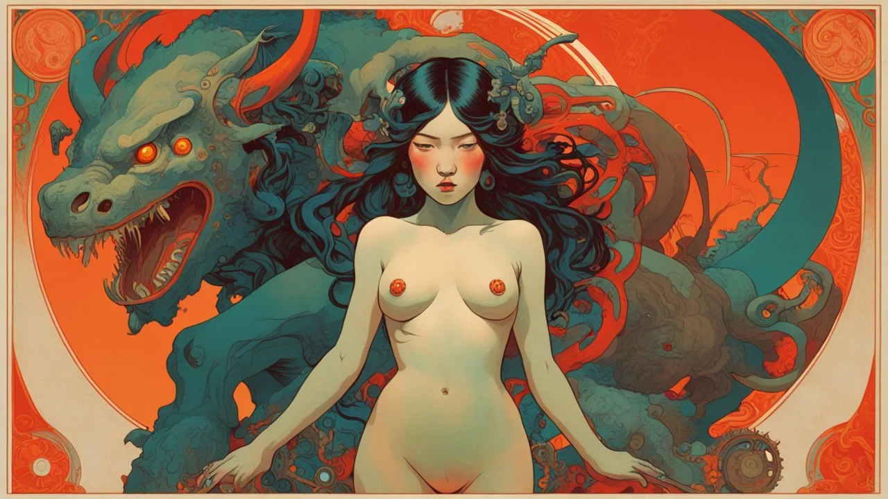 alphonse mucha, surrealist and pop art illustration of a naked asian girl facing a monstrous creature with mechanical elements, divided by a vibrant color split, one side red and orange, the other side green and blue, detailed and expressive faces, dramatic and contrasting colors, bold and vivid graphic style.