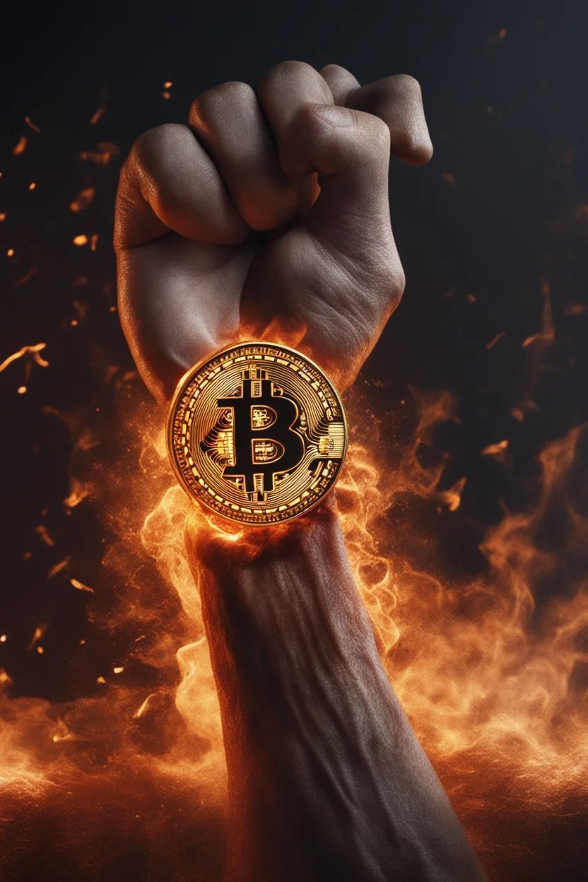 Close up of a A strong forearm held out by a man, a Bitcoin mark has just been burned into he's skin by a branding iron, it's hot and sizzling, he's screaming of pain, realistic, 8k quality, smoky chaos background