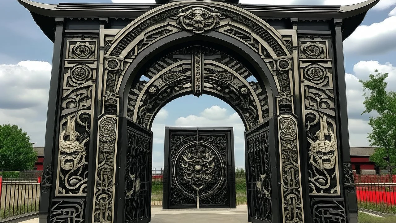 portón monumental inspirado en el estilo de Shepard Fairey