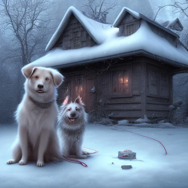 sad, scared, lonely dog tied up outside in front of a house, winter, 8k resolution, high-quality, fine-detail, intricate, digital art, detailed matte, volumetric lighting, illustration, 3D octane render, brian froud, howard lyon, selina french, anna dittmann, annie stokes, lisa parker, greg rutowski