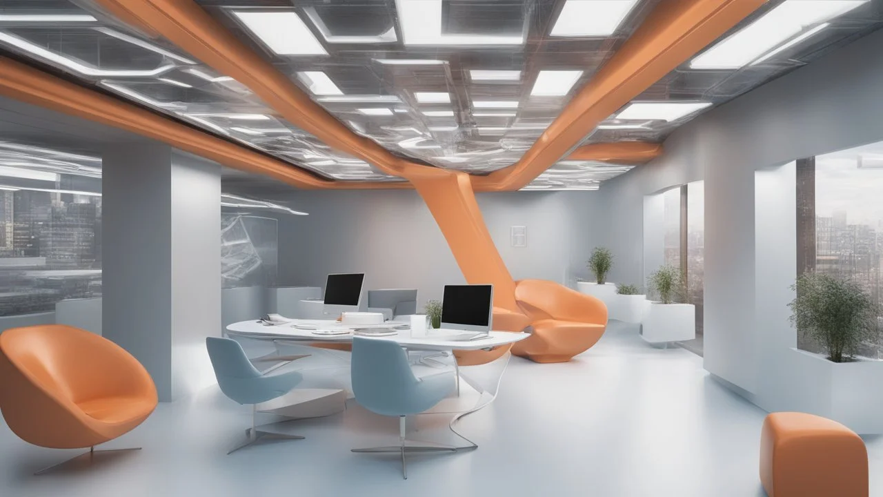 Capture the essence of a futuristic office in a visually striking image. Envision the subject as an office space rendered in a digital wireframe, with 3D cubes forming its structural elements. Ensure the style reflects that of futuristic photography, highlighting the sleek and modern aspects of the space. Incorporate a color palette dominated by light blue and orange tones to infuse a harmonious and dynamic atmosphere into the composition. Aim for a seamless blend of the digital wireframe