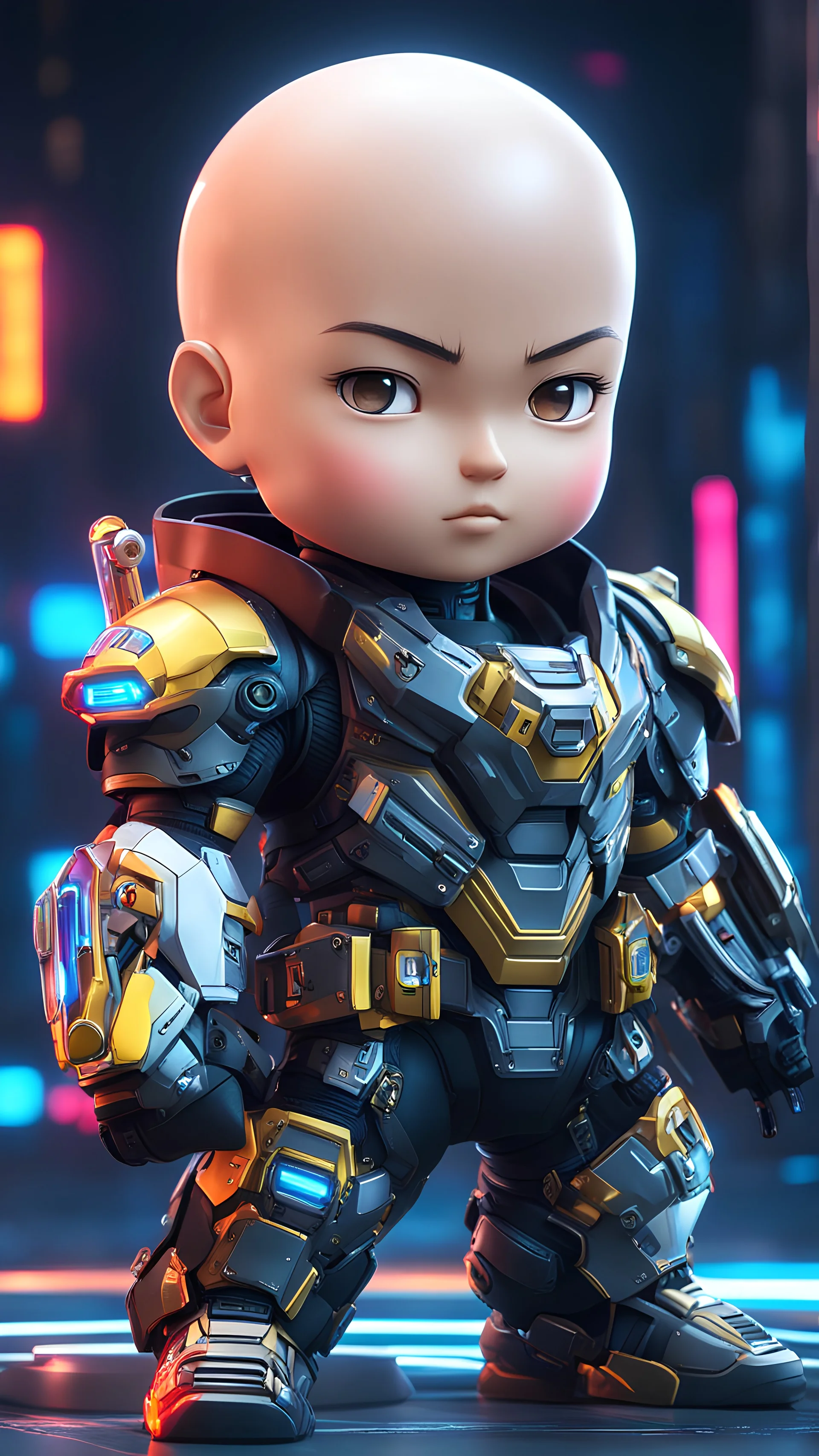 Chibi Saitama with beard in 8k cyberpunk artstyle, Body parts mechanism, Arabic them, in the style of fairy academia, hard-edge style, agfa vista, dynamic pose, oshare kei, hurufiyya, rtx , neon lights, intricate details, highly detailed, high details, detailed portrait, masterpiece,ultra detailed, ultra quality