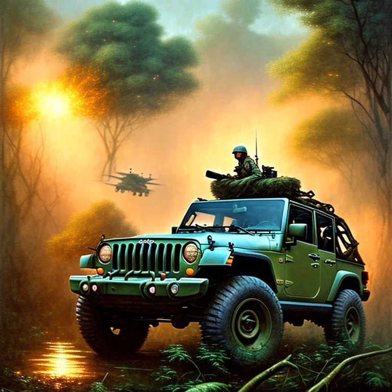 vietnam war. war report. jeep in jungle. poster. bokeh. lens flare. warm lights. high detailed. beksinski