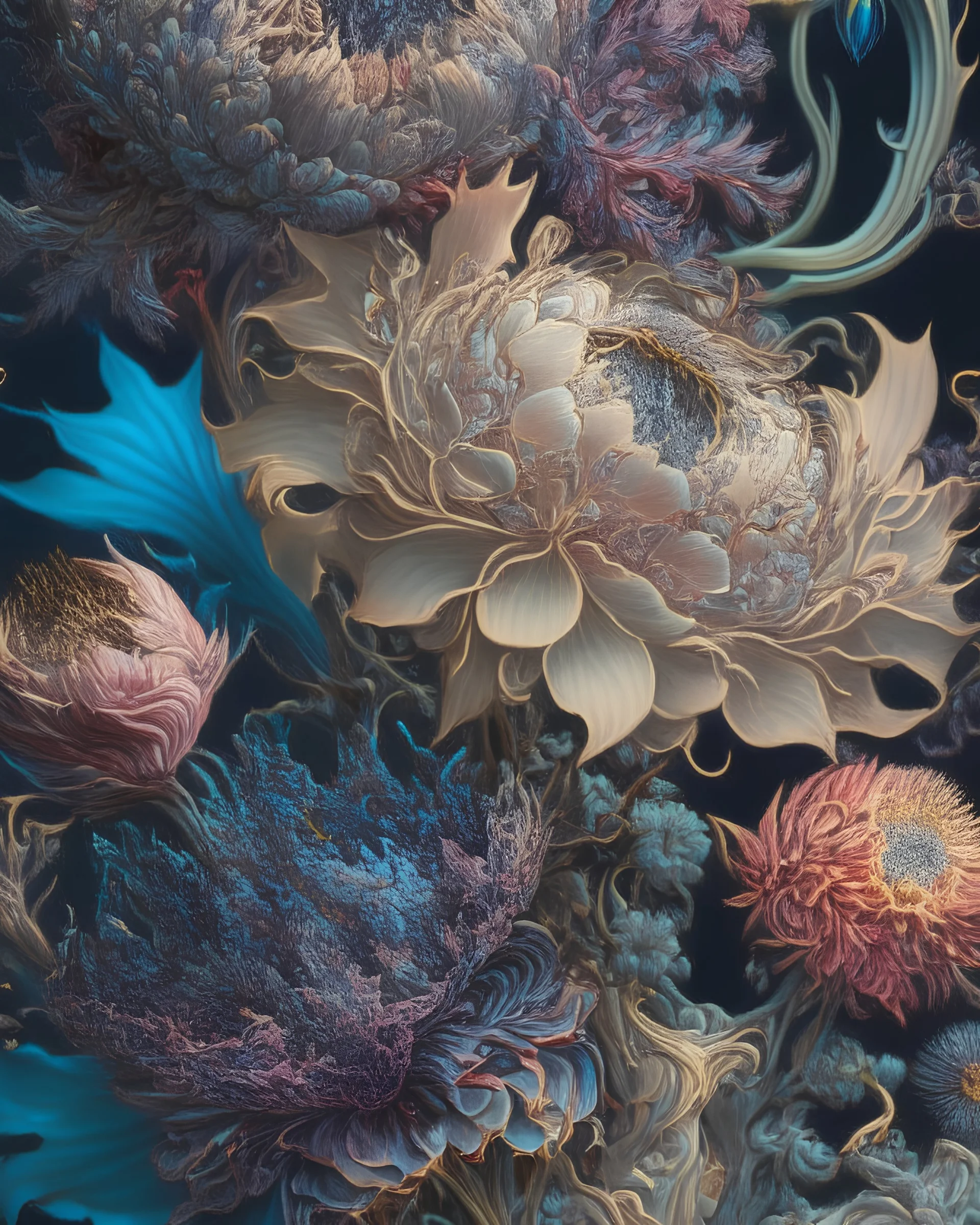 an ultra hd detailed painting of many different types of flowers by Android Jones, Earnst Haeckel, James Jean. behance contest winner, generative art, Baroque, intricate patterns, fractalism, movie still, photorealistic