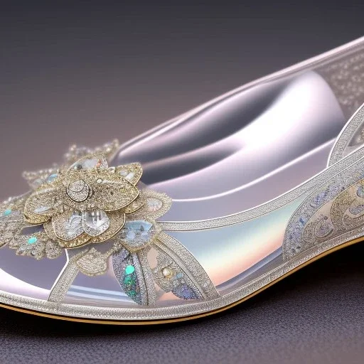 photorealistic crystal glass slipper, a hyerrealistic transparent body, crystal, shells, pastel colours flowers and leaves transparent, professional light, rococo, Artstation, intricate detail realism hdr, intricate detailed 8 k, with ornate jewelled, intricate detailed 4 k