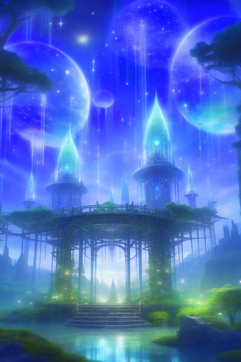 Elf Trees. Standing on a ground of ornate glass and patterned glass trees. And a sky colored with stars and planets. And a star portal in the sky, inside which is a world with futuristic buildings and waterfalls.