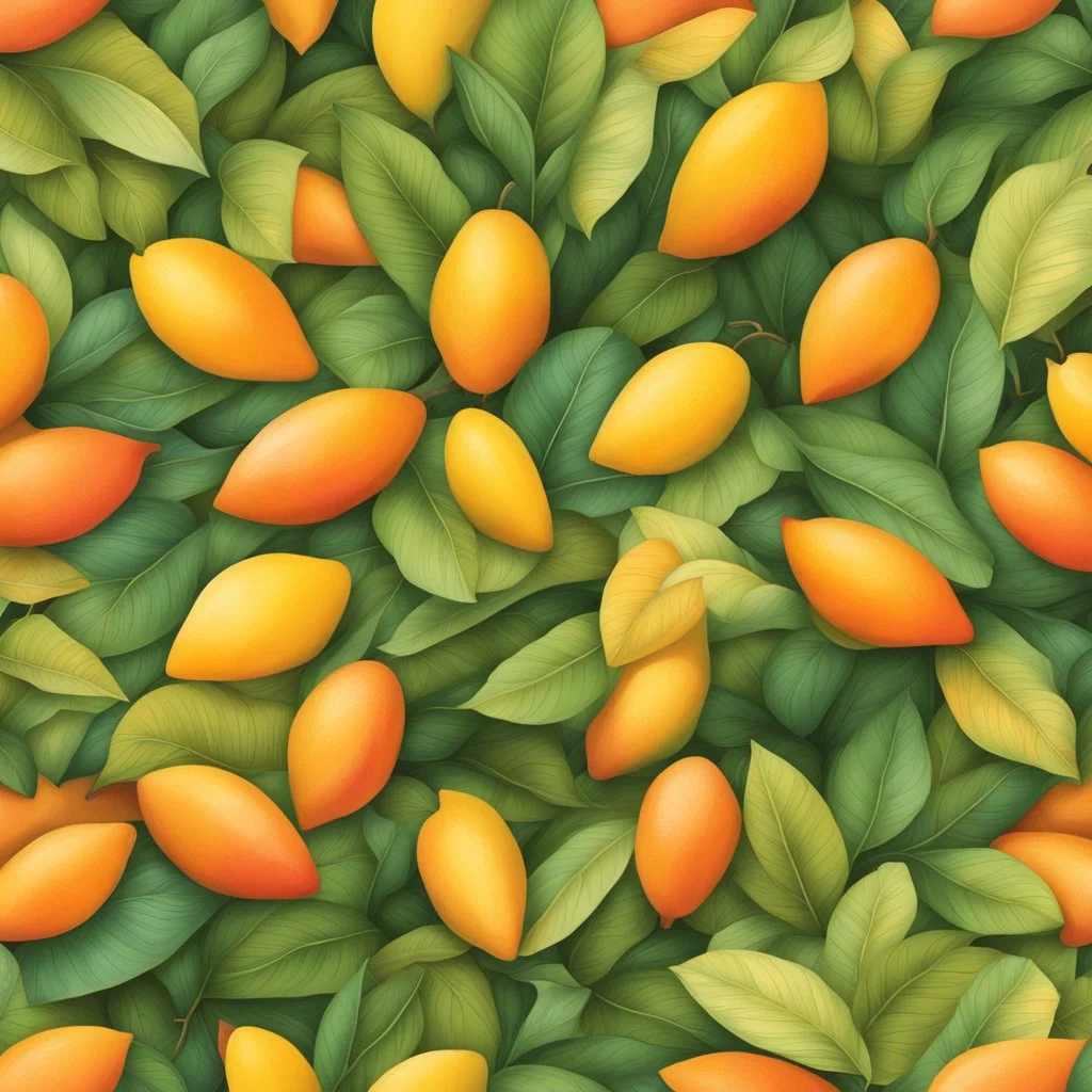 A background with colors of mango and its leaves and some light orange