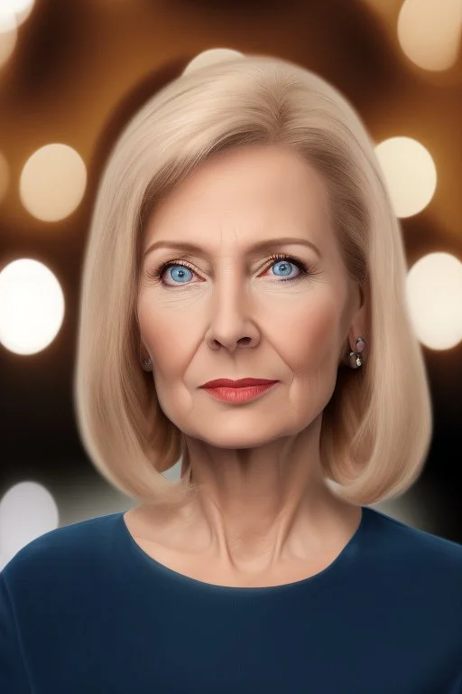 Powerful classical portrait of a modern blonde politician in her late 50s wearing a blue top