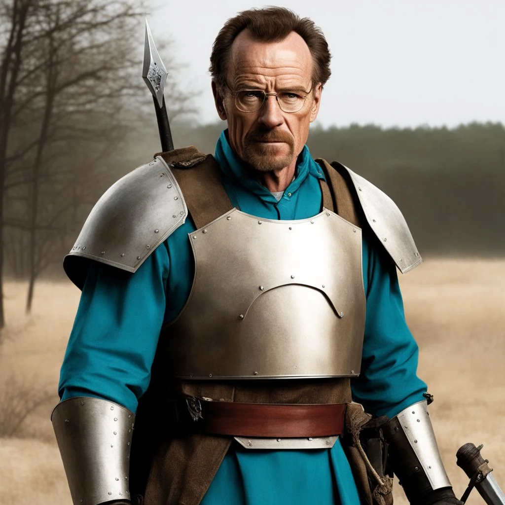 [Breaking bad in middle age] Bryan Cranston as Walter White in the style of Evil Dead: he wears an armour on the battlefield and a zweihander sword to fight with fury