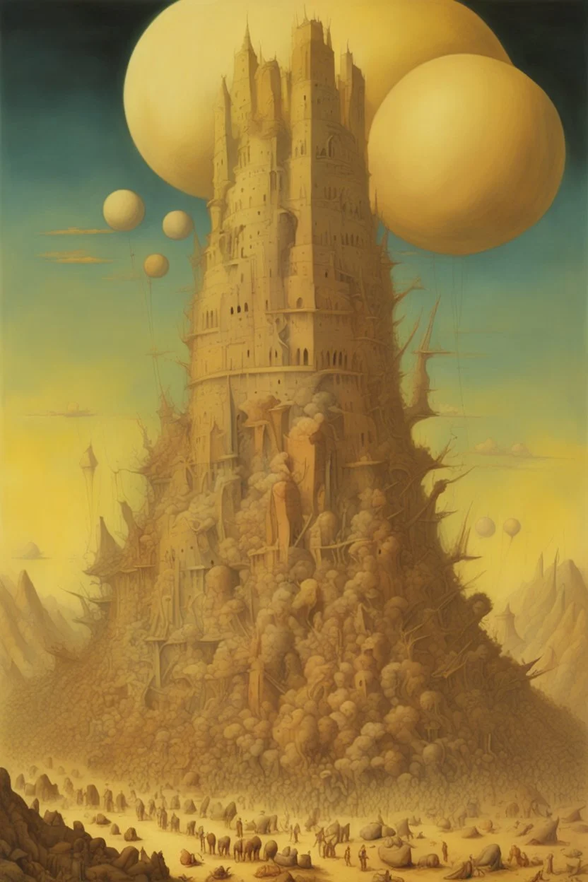 Mystics building the tower of Babel, Elephants with long legs used as scaffolds, expansive art, surreal art, by Yves Tanguy, colorful, cel-shading, Progressive Rock album cover art graphics by George Hardie.