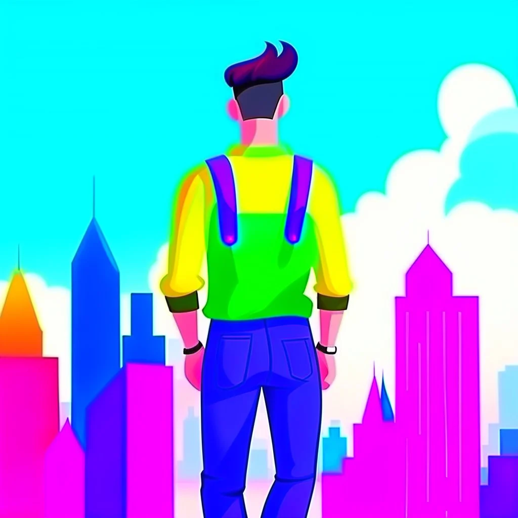 cartoon style character gay man wearing pride flag clothing nice background city view