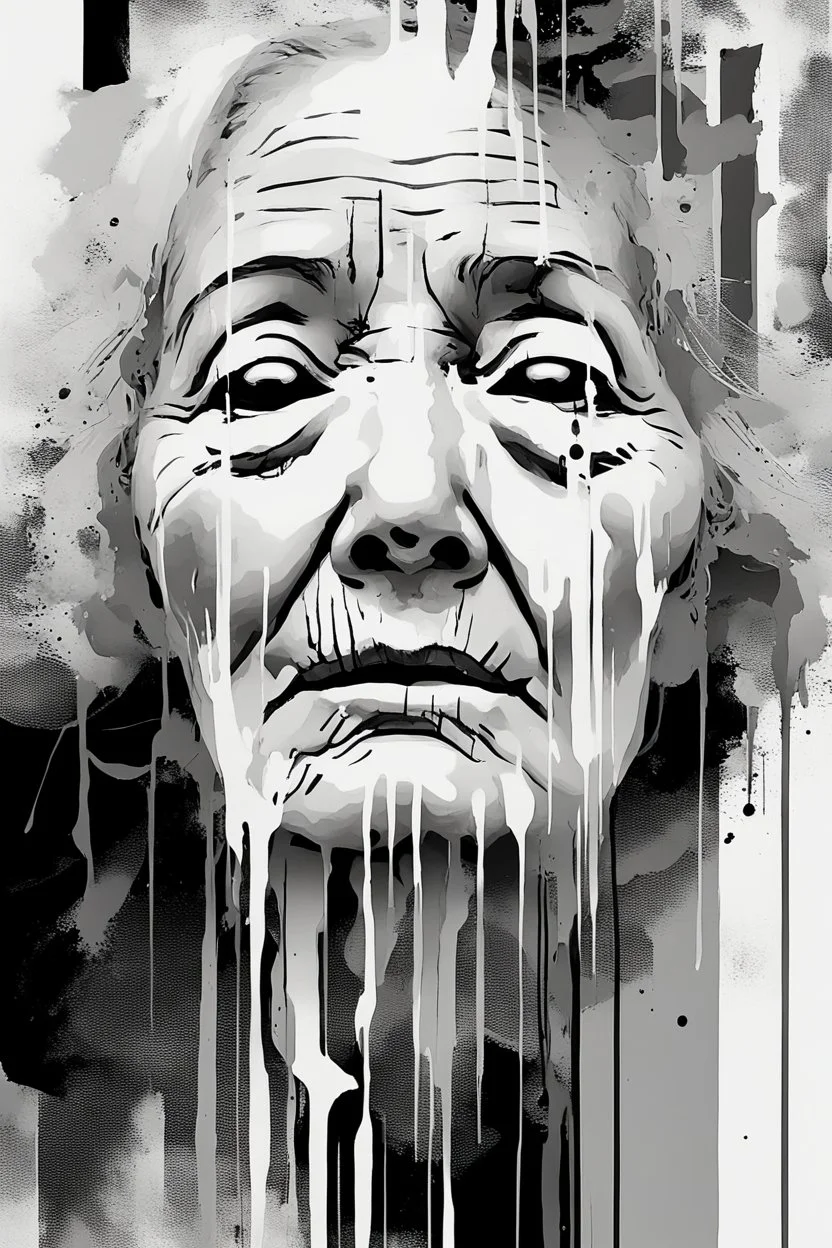 A surreal digital painting of an old woman's face dissolving into abstract black and white brushstrokes and pixelated glitches. Her eyes looking up , and she appears serene, as if lost in a dream or transcending reality. The background is minimalist, emphasizing the contrast between fluid ink-like drips and structured geometric distortions. High-detail, high-resolution, monochrome with soft lighting and dramatic contrast.