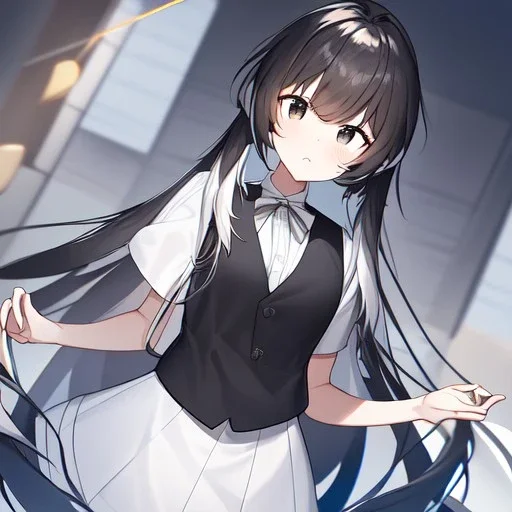 Clear focus, High resolution, Rough line, cute, cartoon style, black long hair, fluffy hair, long locks, spiky hair, wearing a white shirt with a black vest, wearing a white collar and a grey bow, wearing a white skirt, black eyes