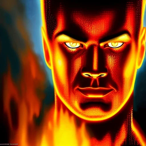 ultra detailed fullbody portrait of The Human Torch Marvel, extremely detailed digital painting, intrincate, extremely detailed face,crystal clear Big eyes, in the style of clyde caldwell, mystical colors , perfectly centered image, perfect composition, rim light, beautiful lighting, 8k, stunning scene, raytracing