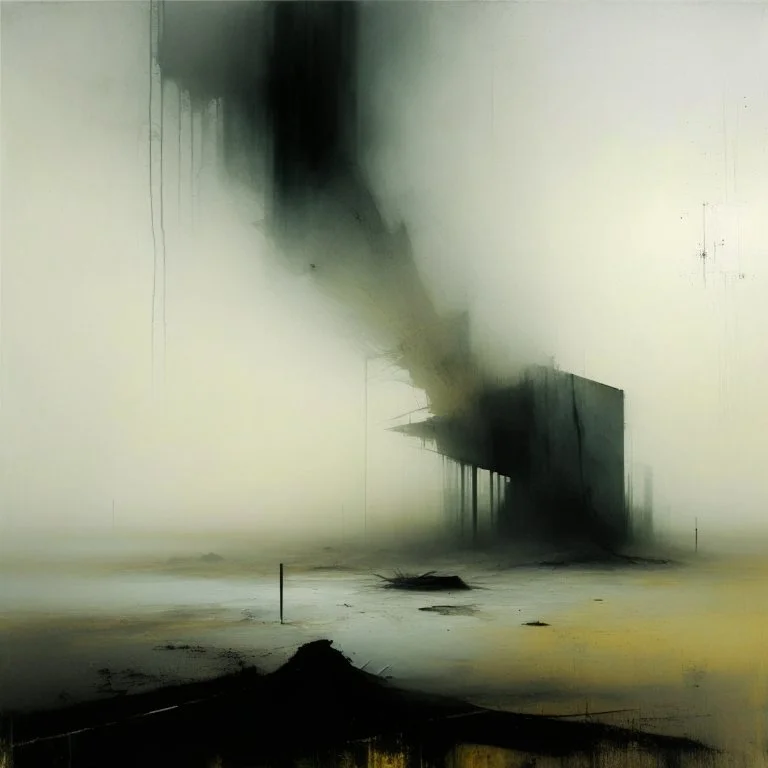 Contemporary abstract painting of wasteland techno decaying landscape. Hazy foggy sky. Concrete ground. Exposed twisted concrete. Style Justin Mortimer and JMW Turner.