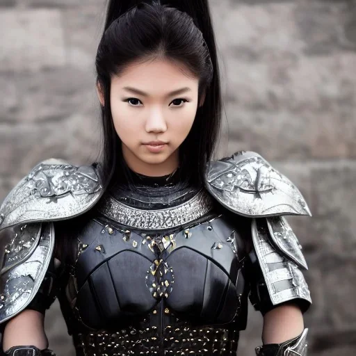 beautiful young asian queen with black leather studded armor, delicate black braided hair with ponytail, glass eyes, highly detailed, 8k, ambient light, taylor swift