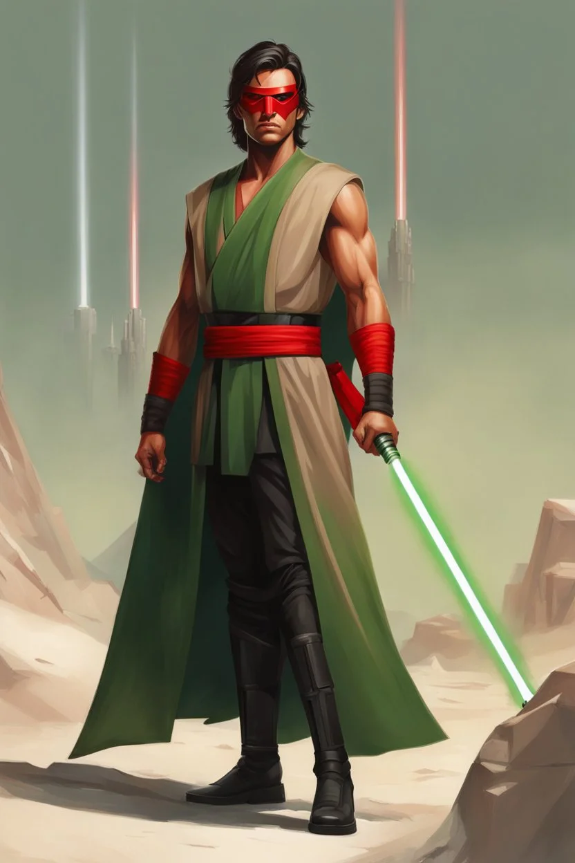 Full Muscular Body, Male Tan Human, Sith Empire, Red Bandage Blindfold. Green and Black Robes, Red Crossgaurd Lightsaber