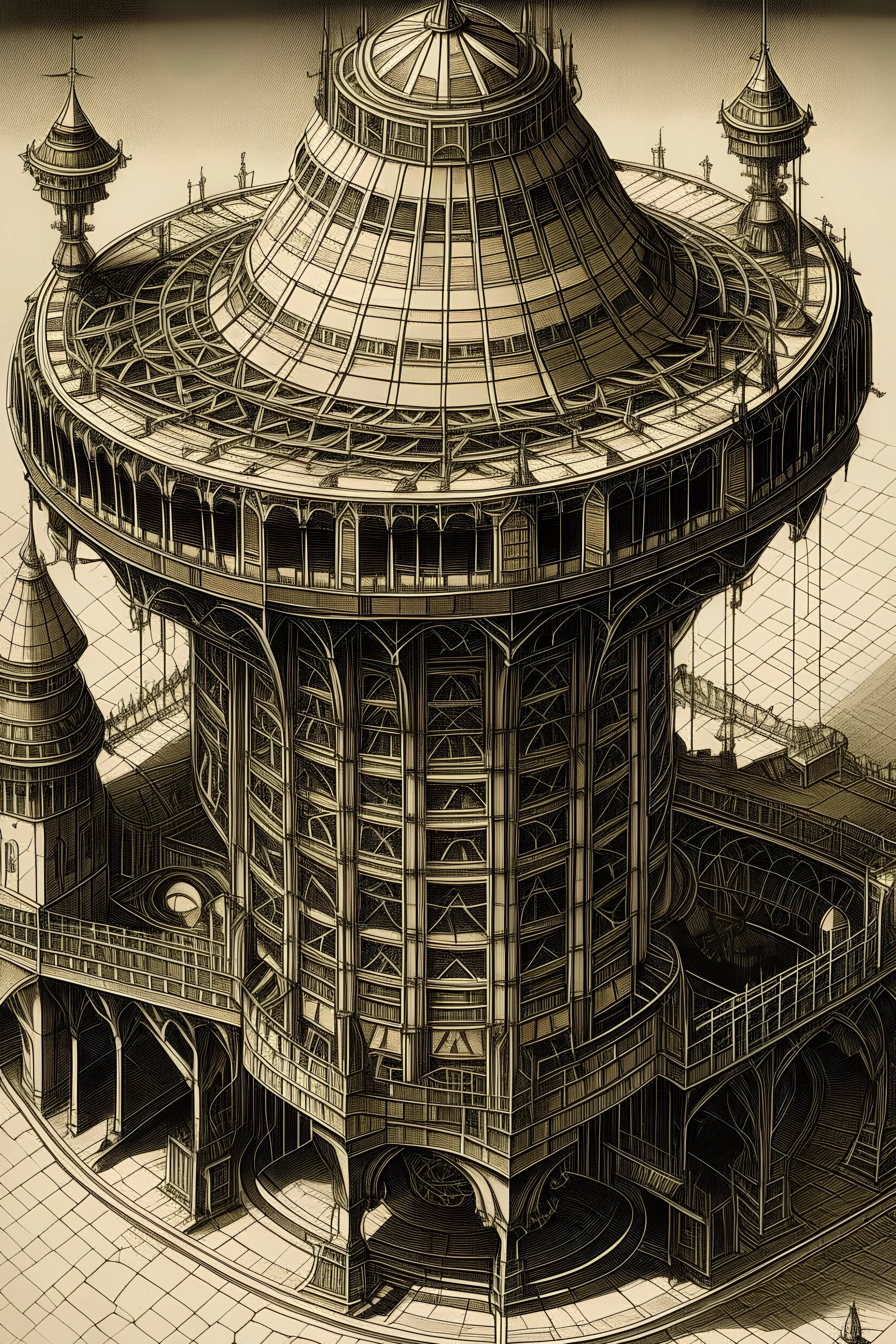 A tower on an airship painted by MC Escher