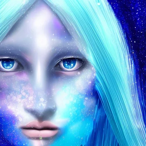 Face Angel crystalline,blond hair, blue eye ,pink , cosmic, opalescent, gemstones, crystals, other worldly,water,bright, ice background, snow lake blue