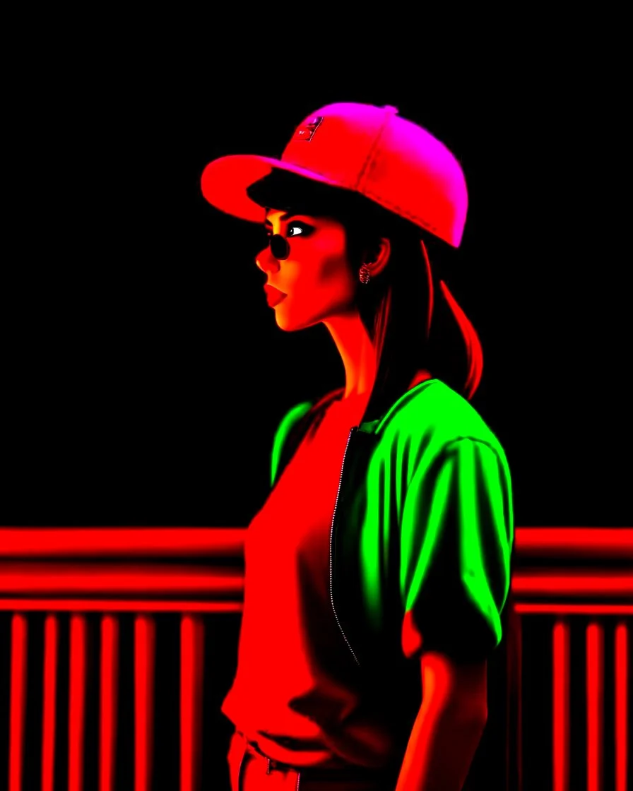 woman with a red baseball hat. leaning on a wooden balcony. night time. fantasy. medieval.