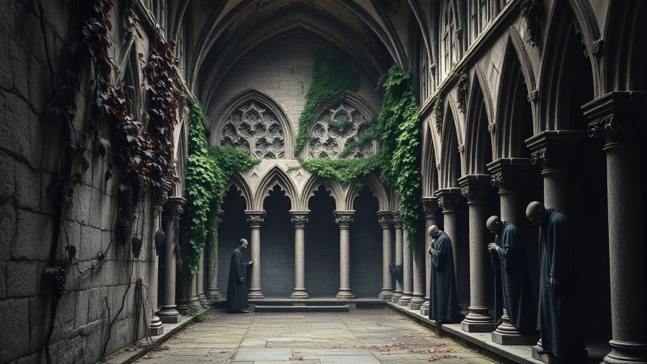 Abandoned cloistered courtyard, Romanesque architecture eroded by time, invasive vines with maroon leaves snaking along cracked walls, bunches of dark grapes between carved capitals, spectral figures of monks with heads bowed in silent procession, morning mist between arcades, moss and lichens on ancient stone, Dark Romanticism style