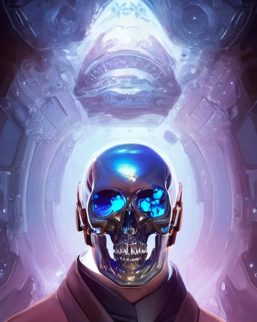 A glass headed skull with sapphire eys wearing a futuristic uniform, 8k resolution concept art portrait by Greg Rutkowski, Artgerm, WLOP, Alphonse Mucha Boris Vallejo dynamic lighting hyperdetailed intricately detailed Splash art trending on Artstation vivid colors Unreal Engine 5 volumetric lighting, by H.R. Giger