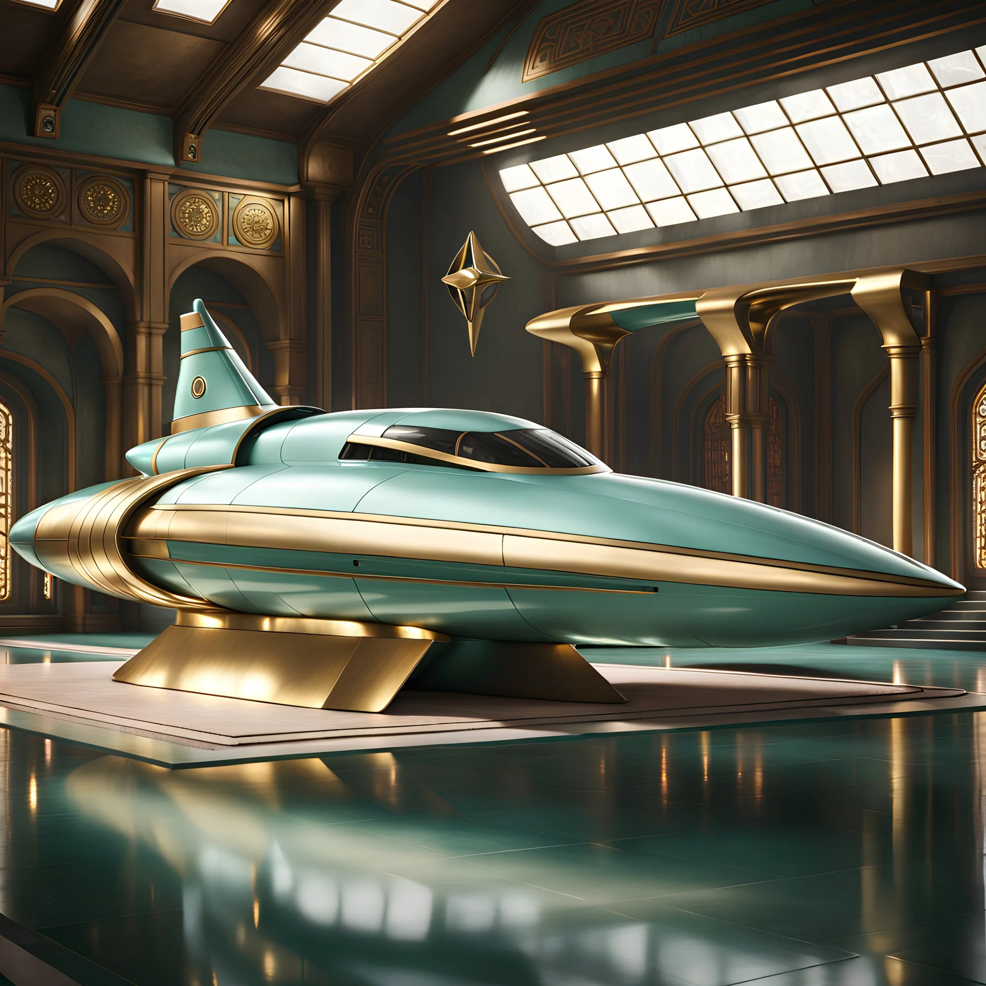 stunning hyper-realistic render of a sleek and elegant Naboo staryacht in pearlescent teal green with gold trim sitting in ancient jedi temple hangar, fully symmetric details