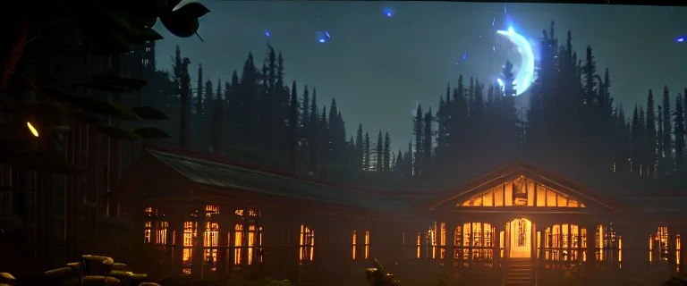 view a library in forest with fireflies and orange mystic lights around trees that have wide leaves and broad trunked. Night with moon light.