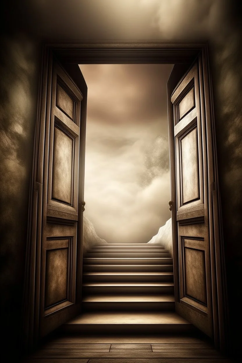 magic doorways. behind first door glass glossy staircase made of clouds leads up to the heaven. behind second door staircase made of stone leads down to the hell