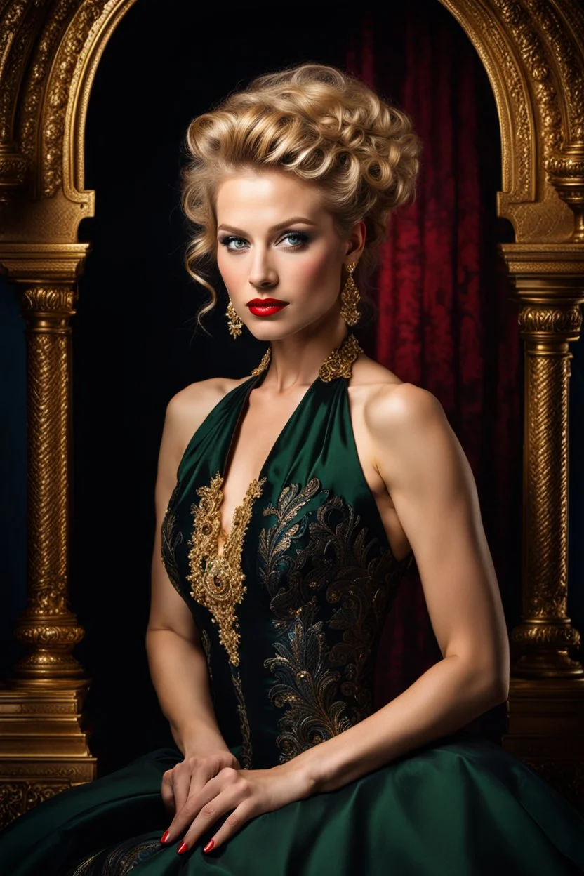 Hollywood photo Rembrandt perfect green eyes, bright red lips, blonde hair, front face, front look, full pose, fantastic face, Caucasian, beautiful look, detailed elegant gold and red dress, Victorian black formal dress, elegant hair up, indigo tones background, ultra focus, illuminated face, detailed face, 8k resolution, sharp focus, studio photo, intricate details, highly detailed