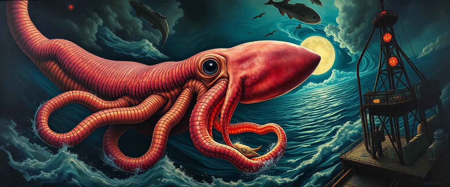 master oil painting by Rembrandt, roller coaster hypno psycho alien squid breast feeding with some bad ass power off shore oil platform cyber punk people experiencing gravity at its worst, pin hole cam, twisted perspective, goa trance music poster, awake within a dream