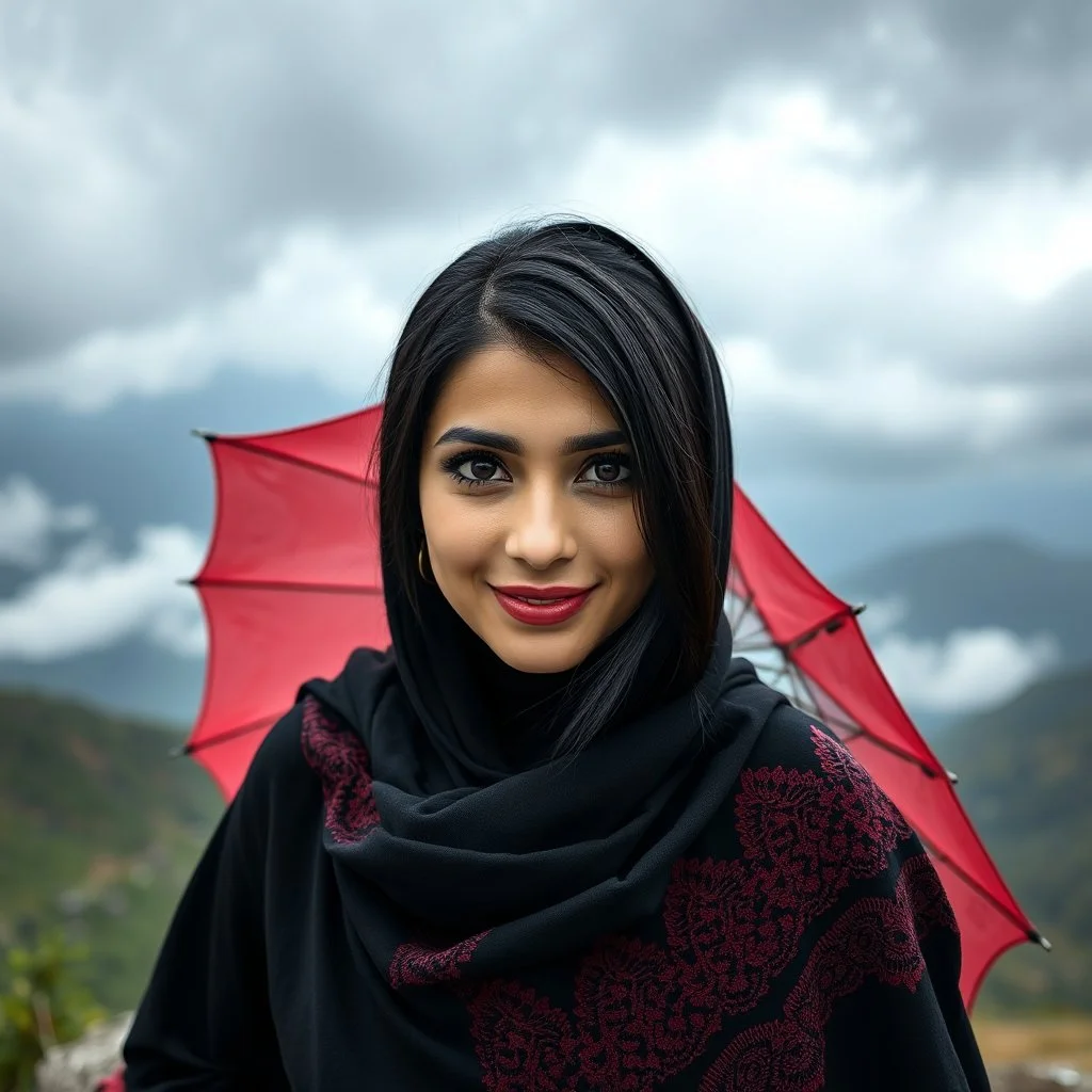 Hyper Realistic Close-Face-View-Of Beautiful Young Happy Pashto Woman With Beautiful-Black-Mascara-Eyes-&-Black-Hair Wearing Black-Frock & Black-Shawl-With-Maroon-Lace Carrying An Red Umbrella On Mountain-Top With Greenery & Breathtaking Cloudy-Rainy-Weather Showing Dramatic & Cinematic Ambiance.