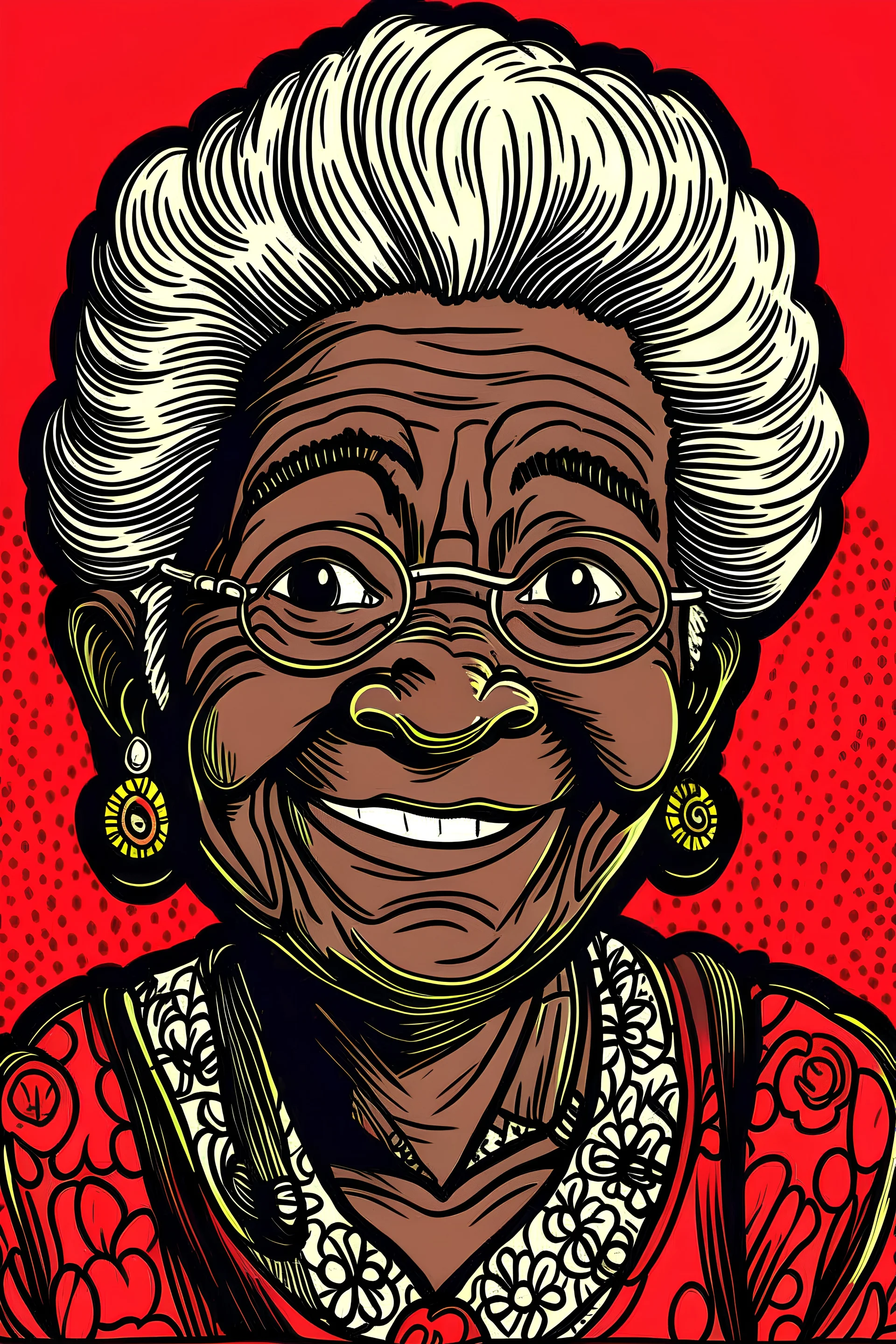 A drawing of a black Granny Claus cartoon pop art