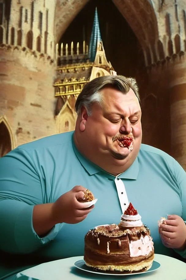 fat viktor orban eating birthday cake in a castle