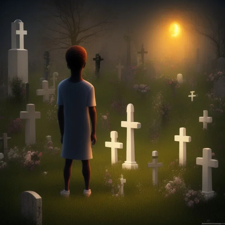 mysterious black kid at a cemetery near a cross and surrounded by almost unseen spirits at night