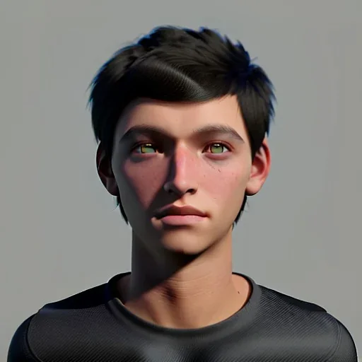 portrait of a teenager boy with black hair and amber eyes looking at the viewer annoyed