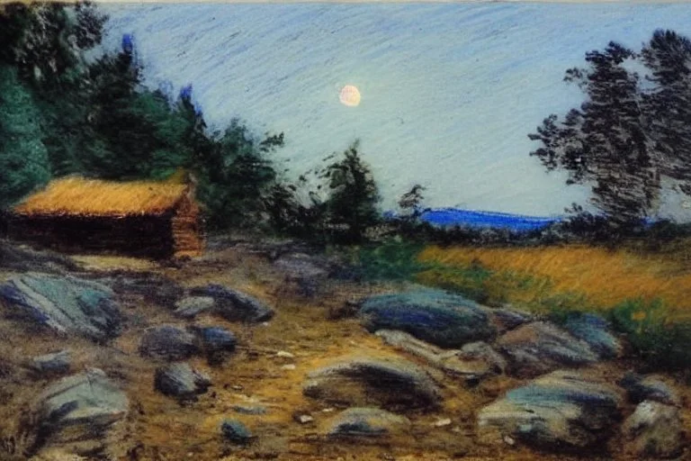 Night, moon, trees, cabin, pathway, rocks, vegetations, distant trees, distant mountains, philip wilson steer impressioniam painting