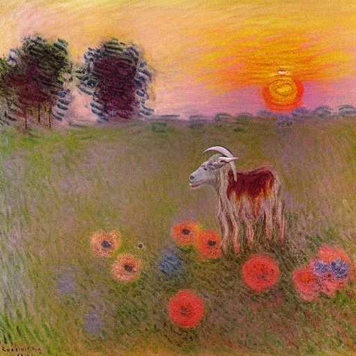 Goat faces with flowers and sunrise muted colors by Claude Monet