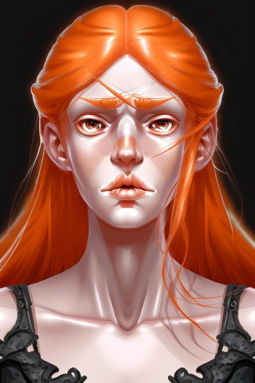 fantasy setting, woman with orange and white hair, tall and frail, soft facial traits, well outlined lips