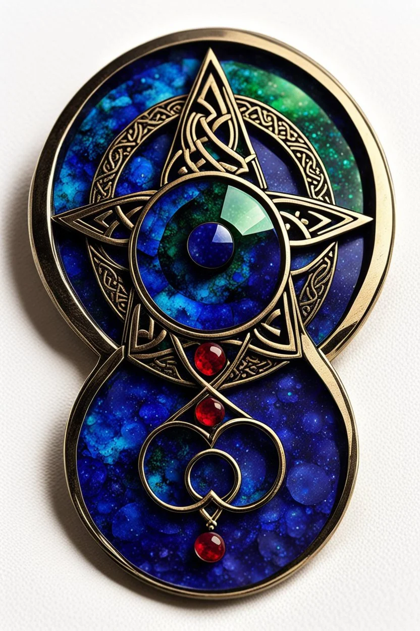 the symbol of an ancient Celtic female vampire coven , in the form of highly detailed triskele worked in lapis lazuli, emerald, and ruby, with the all seeing eye at its center lapel pin, in the graphic novel style of Bill Sienkiewicz, Jean Giraud Moebius, and Enki Bilal