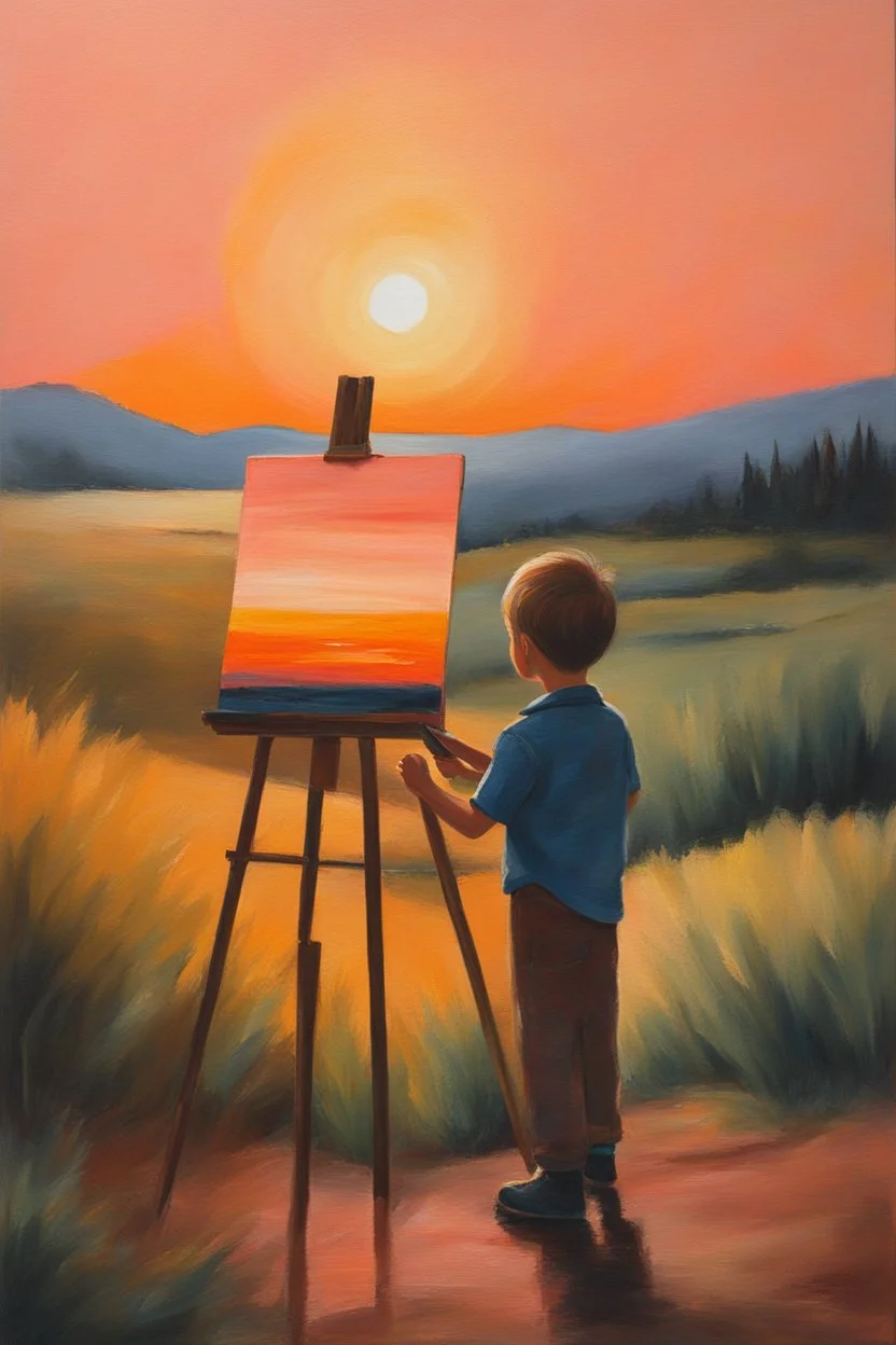 Canvas texture, the scream style, A PEACH FUZZ painting of an amazing landscape picture in gouache, fast minimalistic brushstrokes, an amazing PEACH FUZZ sunset shimmering in bright colors PEACH FUZZ, Rear view of a very small boy with a brush in hand, standing in front of an easel and painting the landscape. Texture of the canvas oil paints