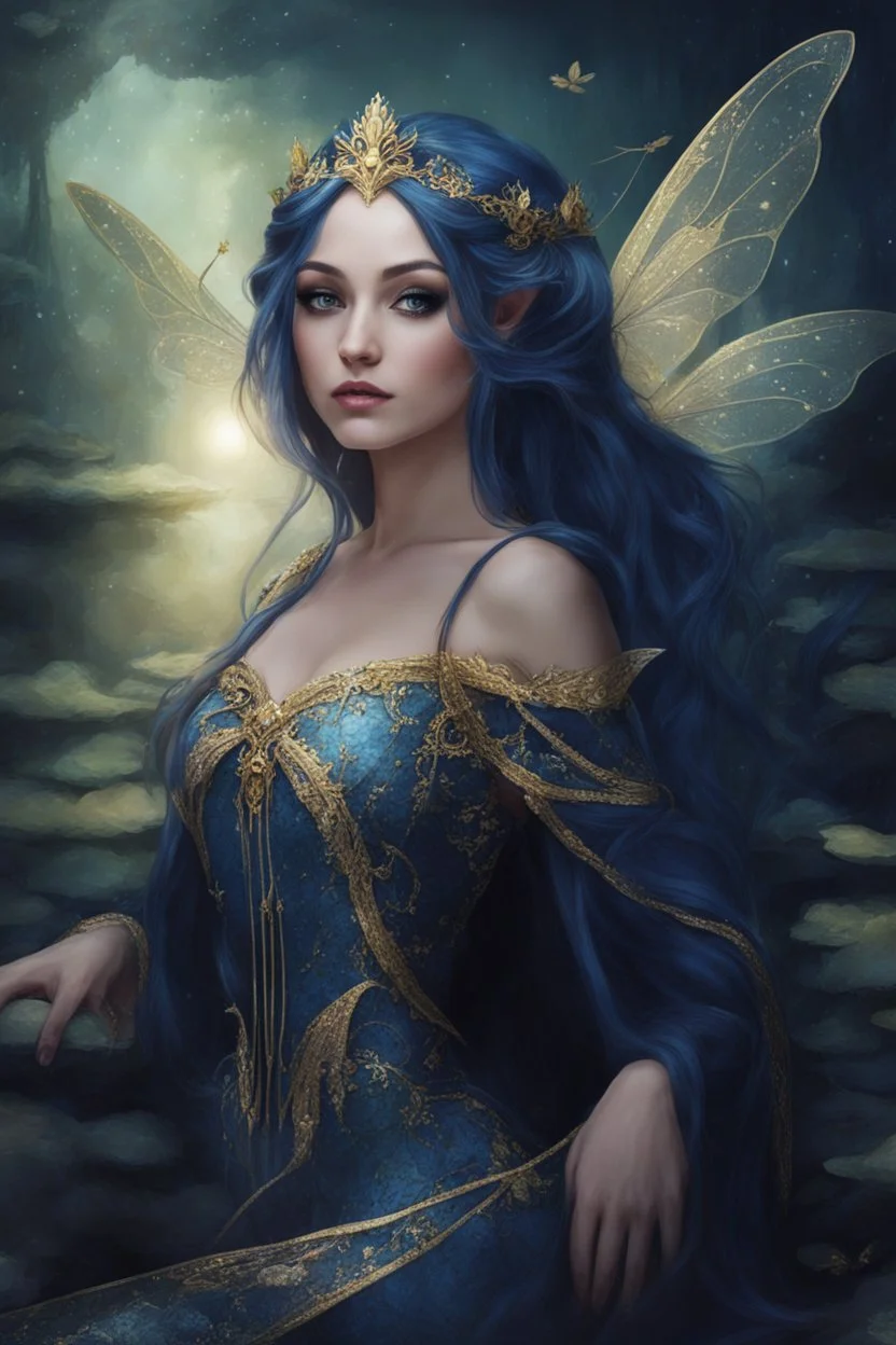 Midnight blue,Dark blue hair,night,dark fairy princess ,elven crown,elven ears,sparkle,glitter,gold armor,dragonflies,rapunzel hair,water lilies