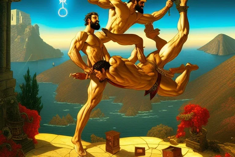 photorealistic hypermasculine homoerotic fantasy illustration of I calculated a phantasm to glimpse Pythagoras's golden thigh While performing cult mathematics as i visited Olympus and looked down on greece during the ritual orgy in the style of Dan Mumford, Tim Burton, Thomas kinkade, Andy Warhol, Alphonse Mucha, ancient Greece, apparation, specter, smooth, sharp, HDR, dof, deep focus, hyper realistic, magic, mystical, ethereal, 3d render, octane render, Pythagorean hypersigil