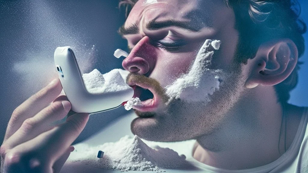 guy snorting white powder while having sensual phone conversation