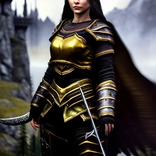 ultra detailed fullbody Portrait in oil on canvas of beautiful female DemonHunter with Skyrim Dragonplate armor,extremely detailed digital painting, extremely detailed face,crystal clear Big eyes, mystical colors ,perfectly centered image, perfect composition,rim light, beautiful lighting,8k, stunning scene,extremely sharp detail,finely tuned detail, ultra high definition raytracing, in the style of Simon Bisley and Frank Frazetta and robert e howard and Hyun Suk Lee and Ken Kelley